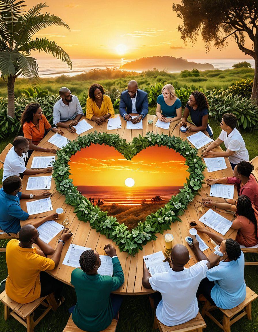 A serene landscape showcasing a diverse group of people discussing over a table filled with symbols of trust: a heart shape intertwined with a dollar sign, safe boxes, and personal growth plants. The background features a sunrise symbolizing hope and new beginnings. Incorporate elements of financial security, trust, and unity. vibrant colors. warm tones.